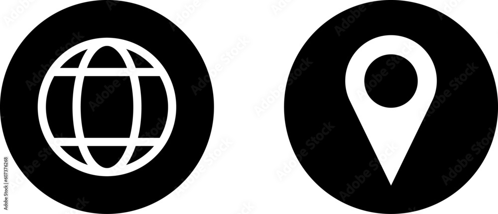 Poster set of black and white world globe earth web map and location pointer pin or you are here marker sig