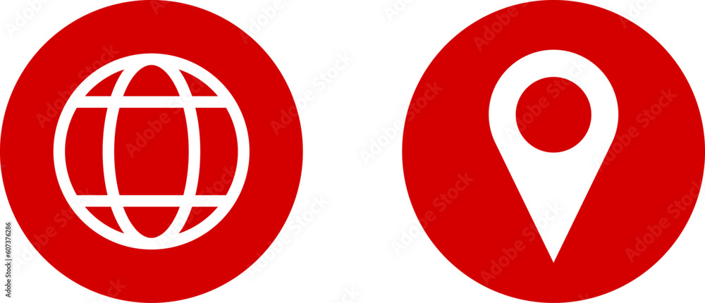 Poster set of red world globe earth web map and location pointer pin or you are here marker sign icon. vect