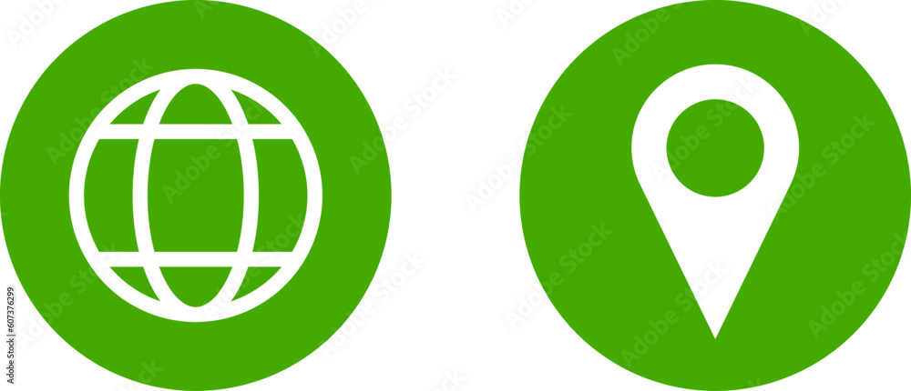 Poster set of green world globe earth web map and location pointer pin or you are here marker sign icon. ve