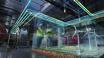 Two male employees in VR goggles on electrical distribution station. 3D hologram of virtual wind farm power plant and electricity lines. Modern and digital electric transmission and generation system. - Powered by Adobe