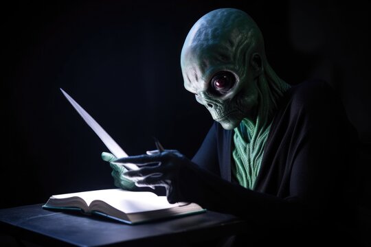 alien student, with tablet in hand, studying for upcoming exam, created with generative ai