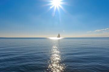 shining sun, calm sea and serene sailing boat on the horizon, created with generative ai