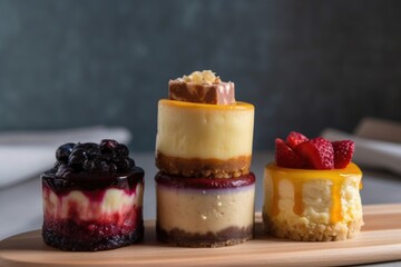 stack of individual cheesecakes, each one with its own unique flavor and topping, created with generative ai