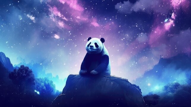 panda sitting under a starry night sky. dark blues and purples for the sky, the panda with a subtle, dream-like effect. twinkling stars and a crescent moon to create a magical atmosphere