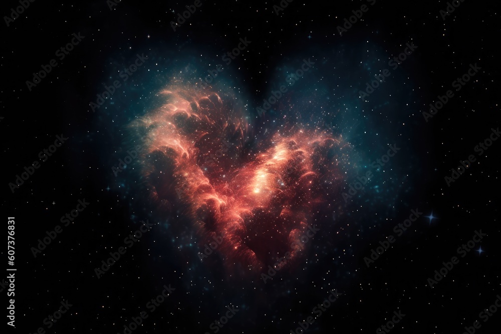 Poster heart-shaped nebula with twinkling stars shining in the darkness of space, created with generative a