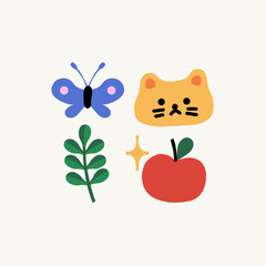 Summer vibes labels collection, butterfly, cat, leaves and apple
