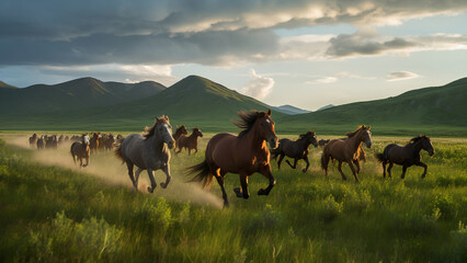 A group of wild horses running freely across a lush green meadow, mountain range in the distance, dramatic sky above