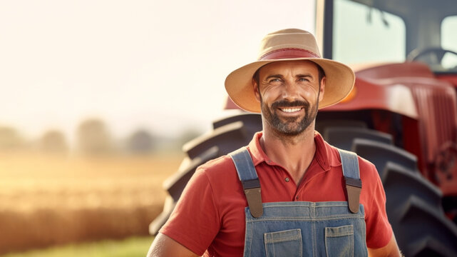 A farmer works in the field. A adult farmer on the background of a red tractor.The concept of working in rural areas. Agricultural industry. Copy space. Banner. Generative AI