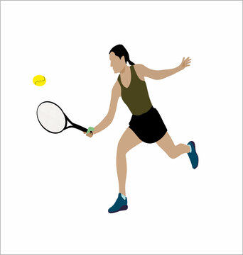 Female tennis player in action. Solid background, tennis, sport, player, silhouette, racket, ball, game, athlete, play, vector, badminton, woman, illustration, competition, people, sports, playing.