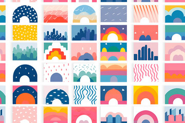 Obraz premium Set of minimalist posters with 20s geometric design, seamless pattern with elements of primitive shapes, modern hipster style. Generated ai.