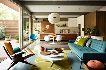 mid-century modern home interior with sleek furniture and pops of color, created with generative ai