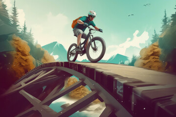 Adventurous Mountain Biker Soars Over Bridge. Generative AI