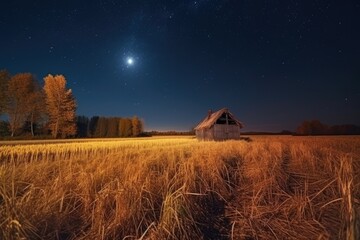 Fototapeta premium warm autumn night, with harvest moon and starry sky above the fields, created with generative ai