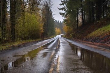 Fototapeta premium Wet asphalt road through the forest with trees in the background. Lonely road. Landscape. Generative AI.
