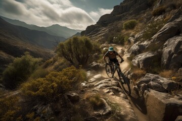 Fototapeta premium mountain biker riding down steep, rocky trail, created with generative ai