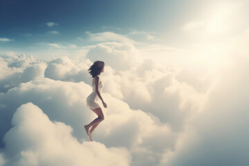 Woman flying horizontally above the clouds in paradise bright white tint fantasy. Generative AI