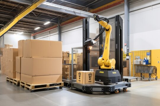 materials handling robot, loading box onto pallet, with view of busy warehouse visible in the background, created with generative ai