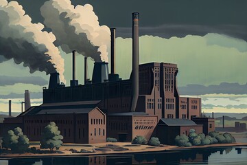 pulp and paper factory, with steam and smoke billowing from the chimneys, created with generative ai