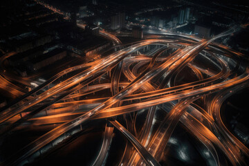 Hyperlapse shot of a big interchange from above at night. Generative AI - obrazy, fototapety, plakaty