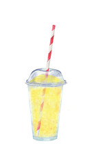 Yellow summer slushie in plastic cup with straw. Watercolor illustration isolation on transparent.