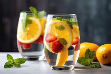 glass of fruit-infused water with slice of lemon and mint, created with generative ai