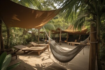 luxurious campsite with canopy, lounge chairs and hammocks, created with generative ai