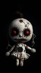 Creepy gothic voodoo doll with red eyes in a black background, generative AI
