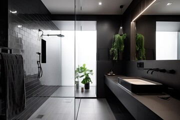 minimalist home bathroom with sleek shower and black tile, created with generative ai