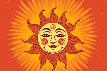 Stylized illustration of an orange sun with a face and sun beams in a yellow and orange background, generative AI