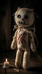 Creepy cloth voodoo doll sewn together with a thread, generative AI