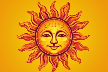 Stylized illustration of an orange sun with a face and sun beams in a yellow background, generative AI