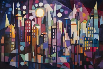 cubist painting of cityscape at night, with skyscrapers and stars visible, created with generative ai