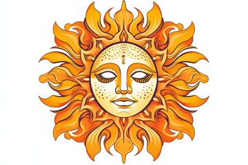 Stylized illustration of a orange sun mask with sun beams in a white background, generative AI