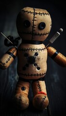 Creepy cloth voodoo doll sewn together with black thread, generative AI

