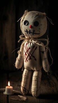 Creepy cloth voodoo doll sewn together with a thread, generative AI