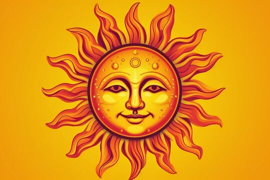 Stylized illustration of an orange sun with a face and sun beams in a yellow background, generative AI