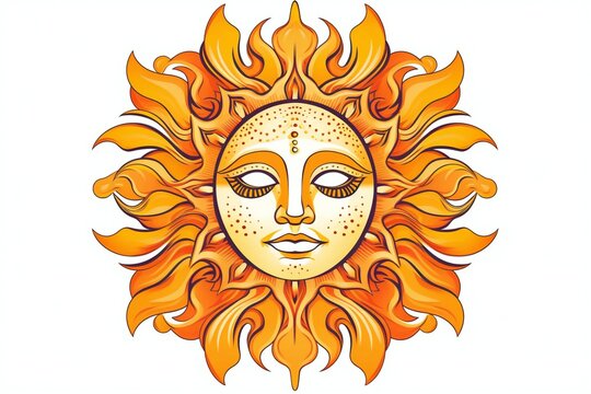 Stylized illustration of a orange sun mask with sun beams in a white background, generative AI