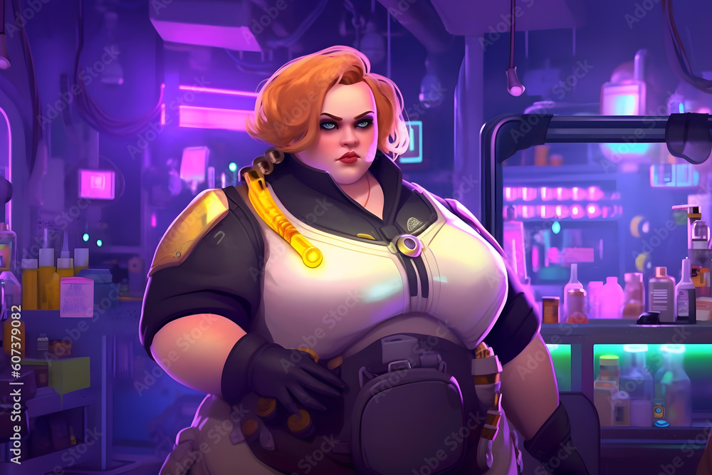 Poster plus size woman of the future, synthwave style. neural network ai generated art generative ai