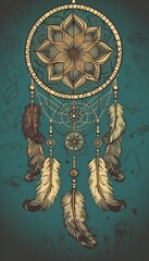Illustration of a dream catcher with flower and feathers in a blue background, generative AI