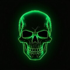 Human skull glowing with green neon light in a black background, generative AI