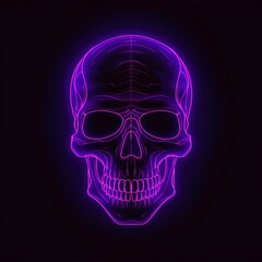 Human skull glowing with purple neon light in a black background, generative AI