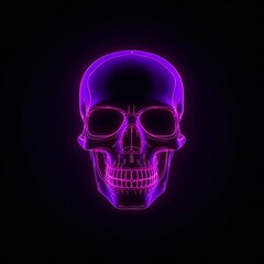 Human skull glowing with purple neon light in a black background, generative AI