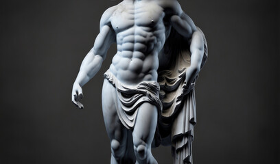 Marble statue of body of an ancient Greek god zeus on plain black background. Ancient greek sculpture photography from Generative AI - obrazy, fototapety, plakaty