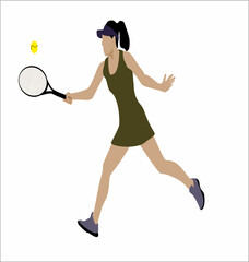Female tennis player in action. Solid background, tennis, sport, player, silhouette, racket, ball, game, athlete, play, vector, badminton, woman, illustration, competition, people, sports, playing.