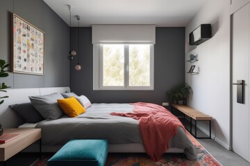 neat and tidy bedroom with minimalist decor and colorful accents, created with generative ai