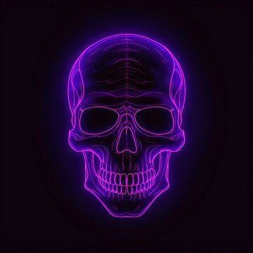 Human skull glowing with purple neon light in a black background, generative AI