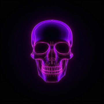 Human skull glowing with purple neon light in a black background, generative AI
