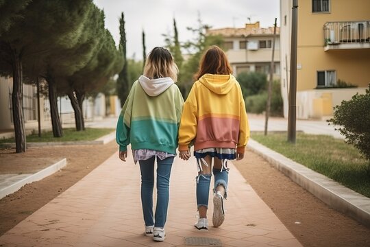 Two lesbian girls with LGBT relationships are walking the streets of the city, generative AI.