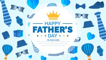 happy Father's Day background poster or banner design template celebrate in june. Father's Day background or banner with necktie, glasses, hat, and gift box. happy fathers day poster, greetings.