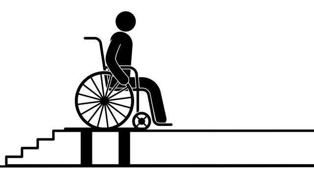 A person with a disability in a wheelchair overcoming stairs with the help of a special lift. Lift for people with disabilities. Animated pictogram